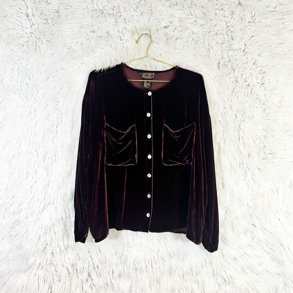 Eddie Bauer Women's burgundy Velvet Button-Up Top Size large Long Sleeve